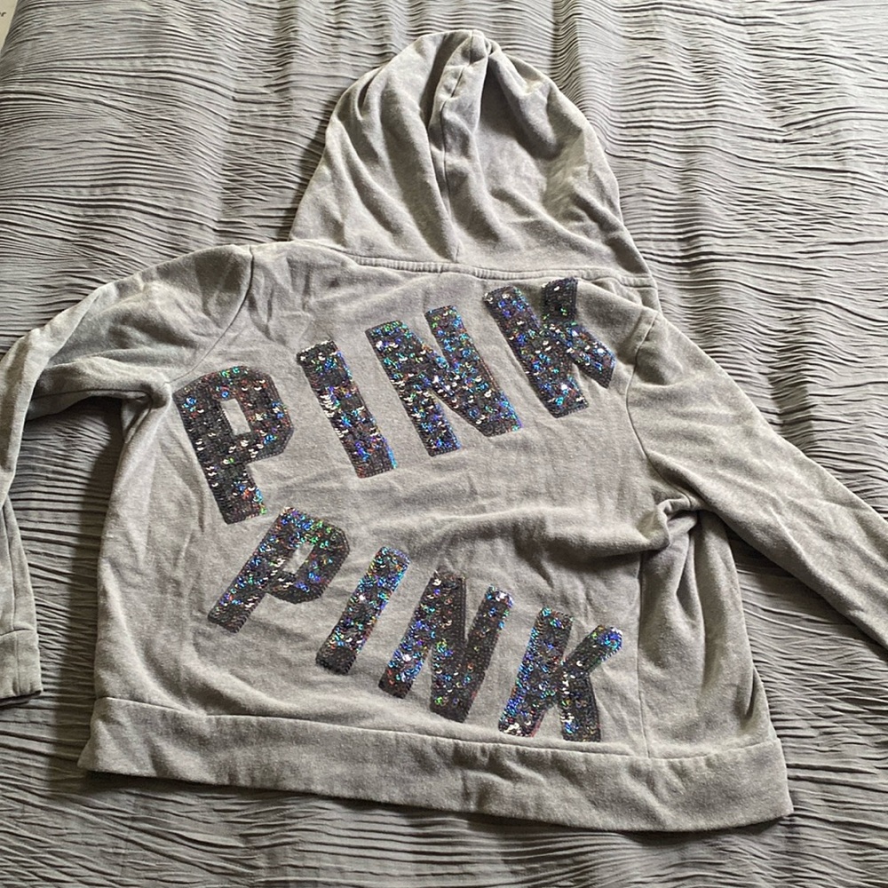 PINK Gray Zip-Up Hoodie with Logo